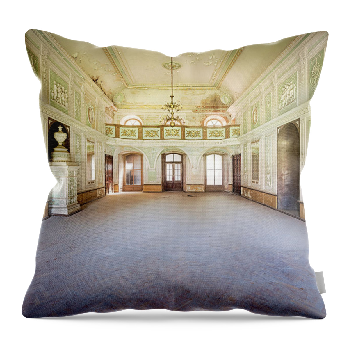 Abandoned Throw Pillow featuring the photograph Abandoned Green Ballroom by Roman Robroek