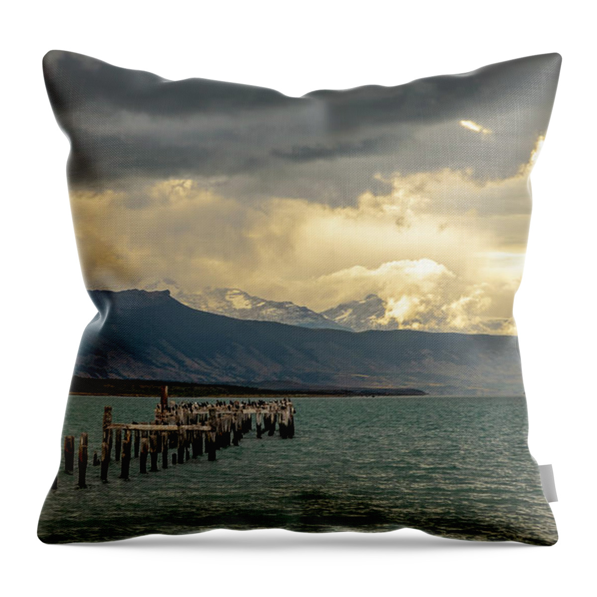 Andes Throw Pillow featuring the photograph Abandoned wooden pier at Puerto Natales by Henri Leduc