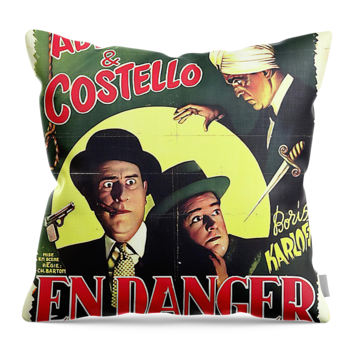 Abbott Throw Pillow featuring the mixed media ''Abbott and Costello Meet the Killer - Boris Karkoff'', 1949 by Movie World Posters