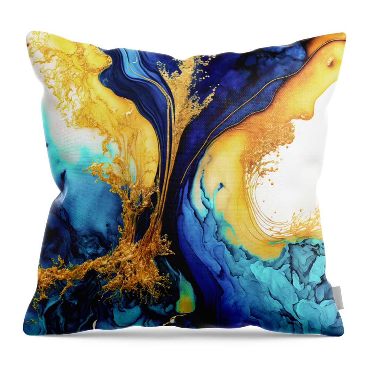 Abstract Throw Pillow featuring the digital art Abstract Art Alcohol Ink Style 01 Blue and Gold by Matthias Hauser