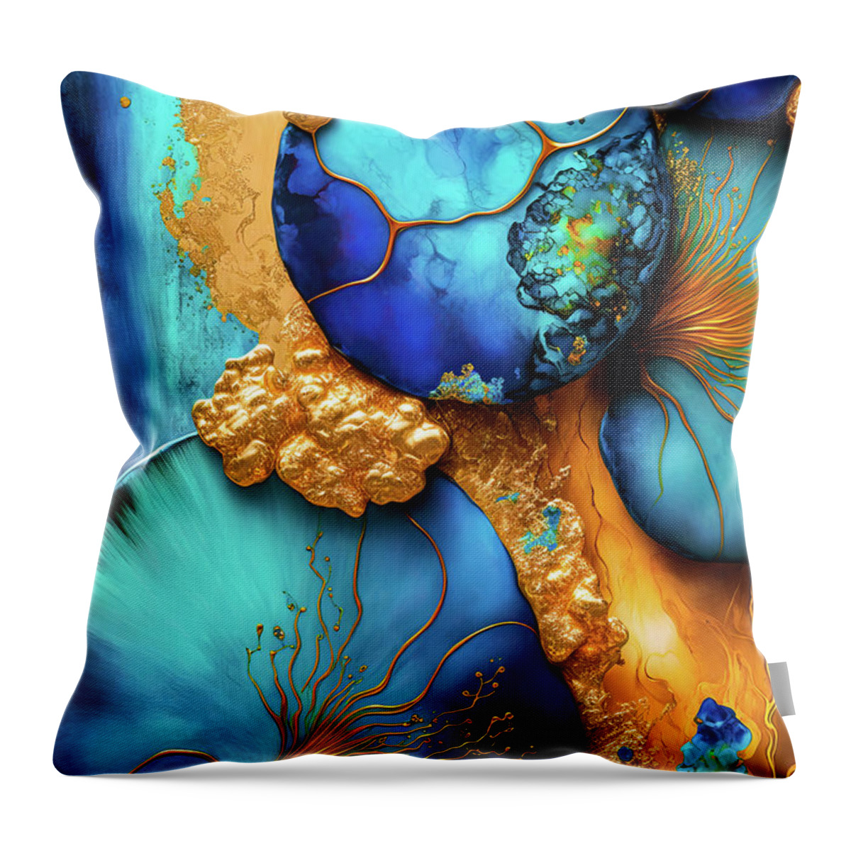 Abstract Throw Pillow featuring the digital art Abstract Art Alcohol Ink Style 03 Blue and Gold by Matthias Hauser