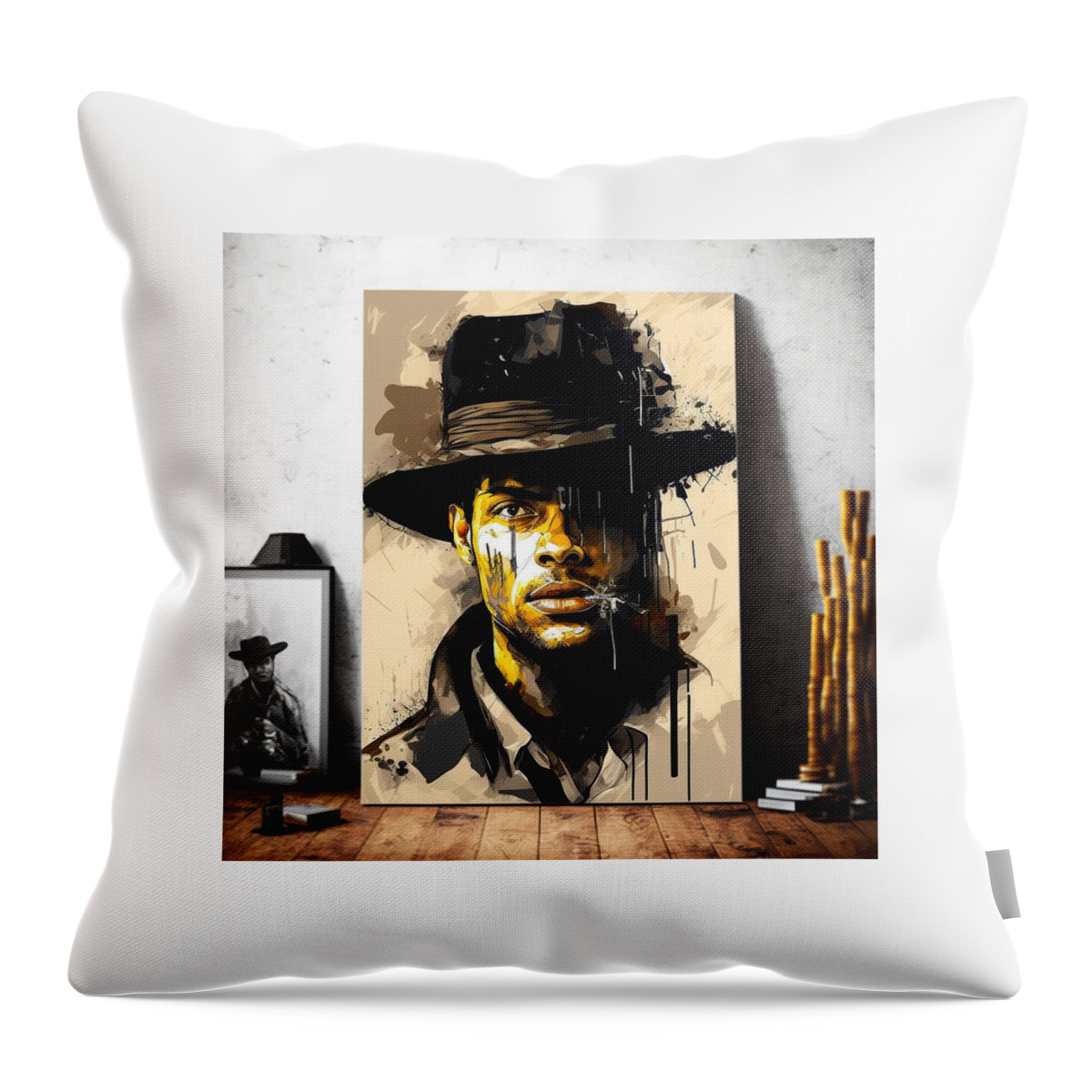 Abstract Indiana Jones Painting Background Jean Art Throw Pillow featuring the painting abstract indiana Jones painting background Jean 6450effd7d 043c9645563 645043e645 b9645563a by Celestial Images
