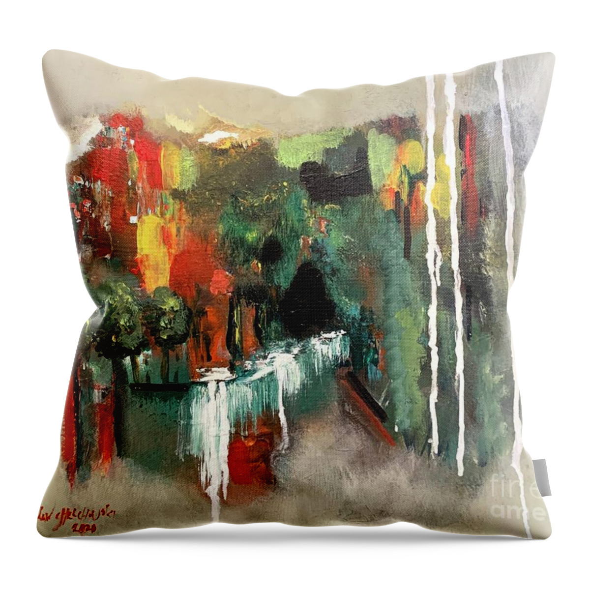 Miroslaw Chelchowski Abstract Landscape Painting Print Acrylic On Canvas Colors Water Trees Red Green Yellow Waterfall Forest Mountain Throw Pillow featuring the painting Abstract landscape by Miroslaw Chelchowski