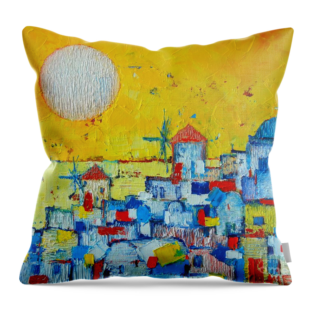 Santorini Throw Pillow featuring the painting Abstract Santorini - Oia Before Sunset by Ana Maria Edulescu