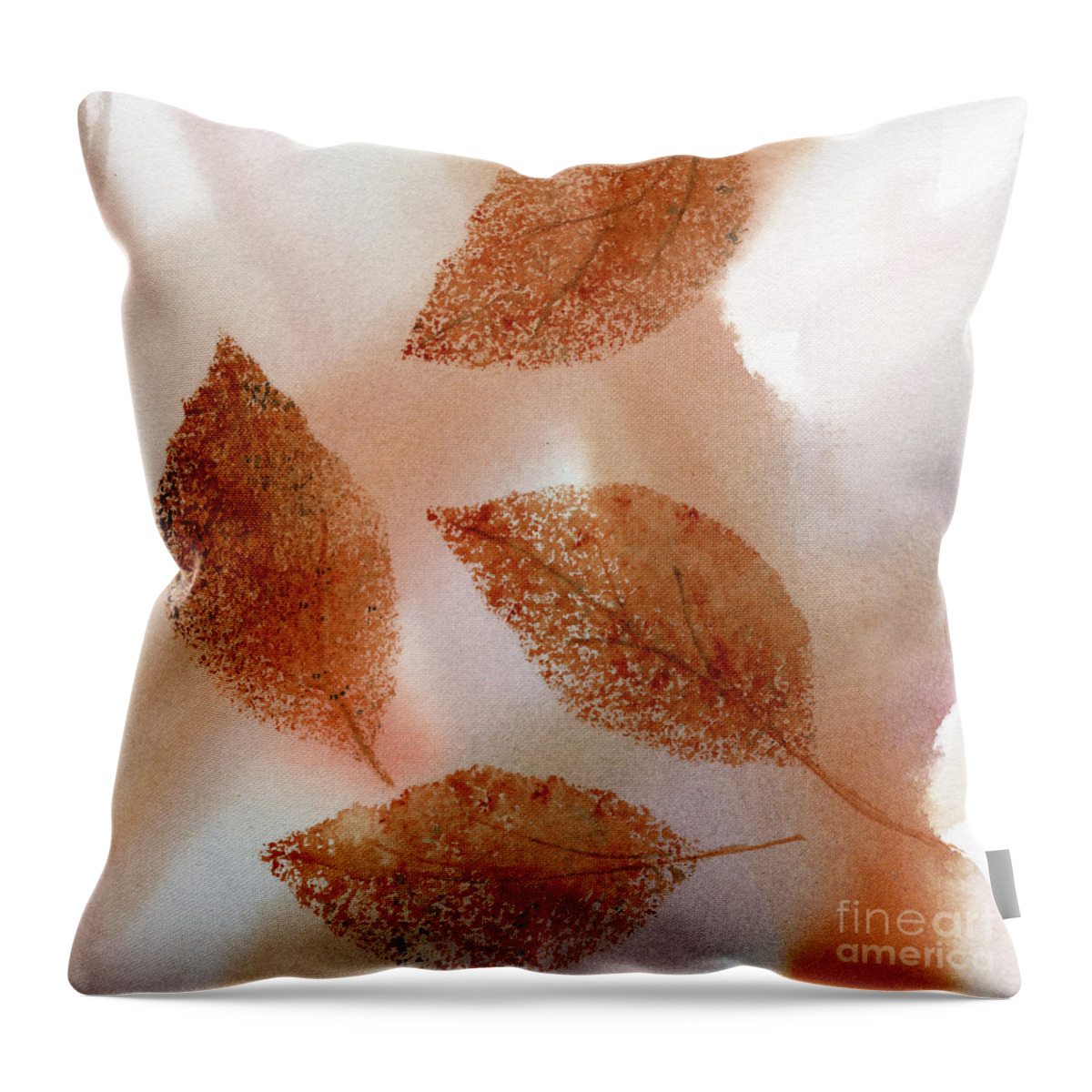 Abstract. Tan Throw Pillow featuring the painting Abstract Tan, Orange, Gray Watercolor With Leaves by Sharon Freeman