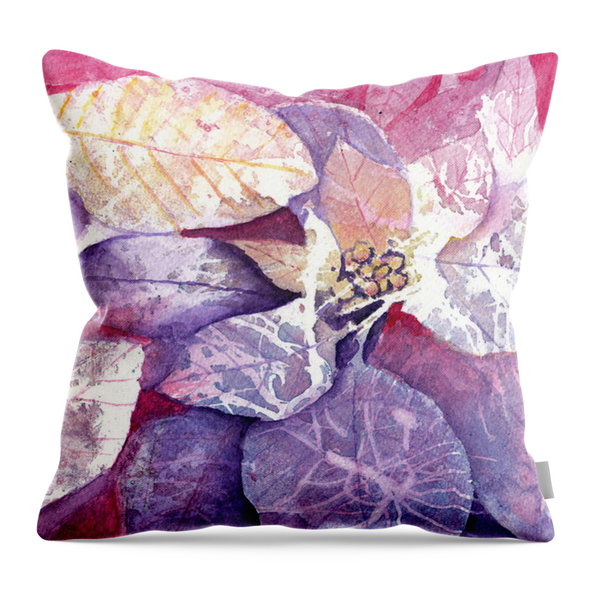 Poinsettia Petals Abstract Throw Pillow featuring the painting Abstract Watercolor Negative Painting Poinsettia by Conni Schaftenaar