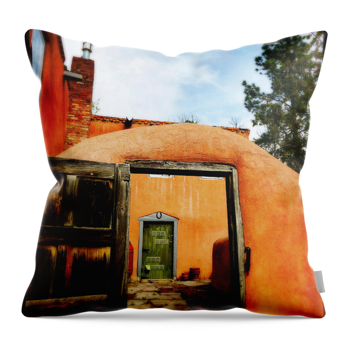 Copyright Elixir Images Throw Pillow featuring the photograph Adobe Door Santa Fe by Santa Fe