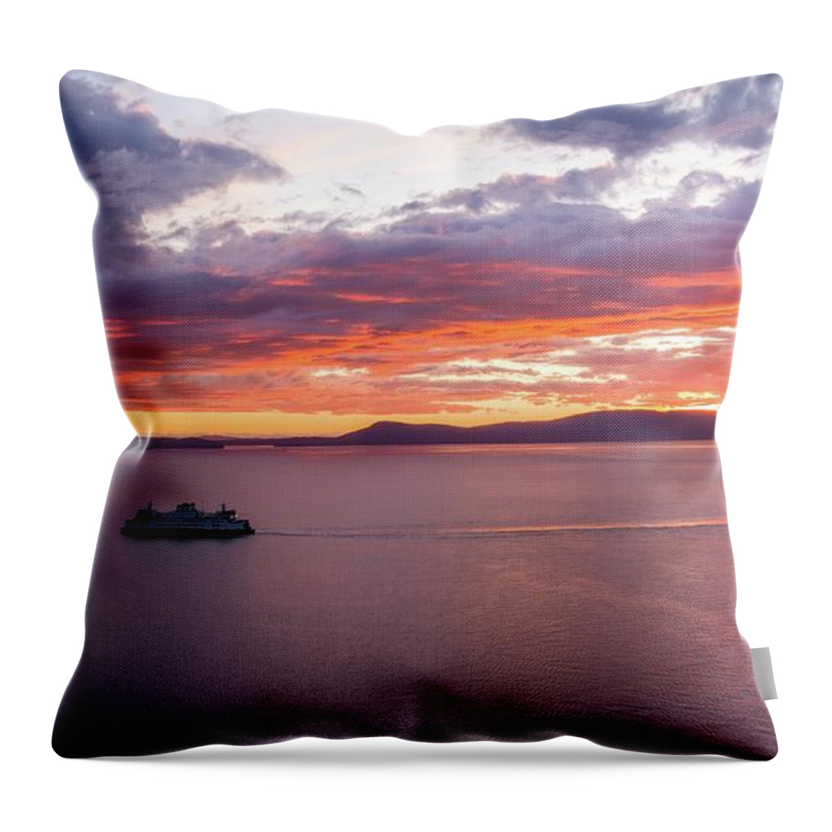 San Juan Islands Throw Pillow featuring the photograph Aerial San Juan Island Ferry Into Anacortes Sunset by Mike Reid