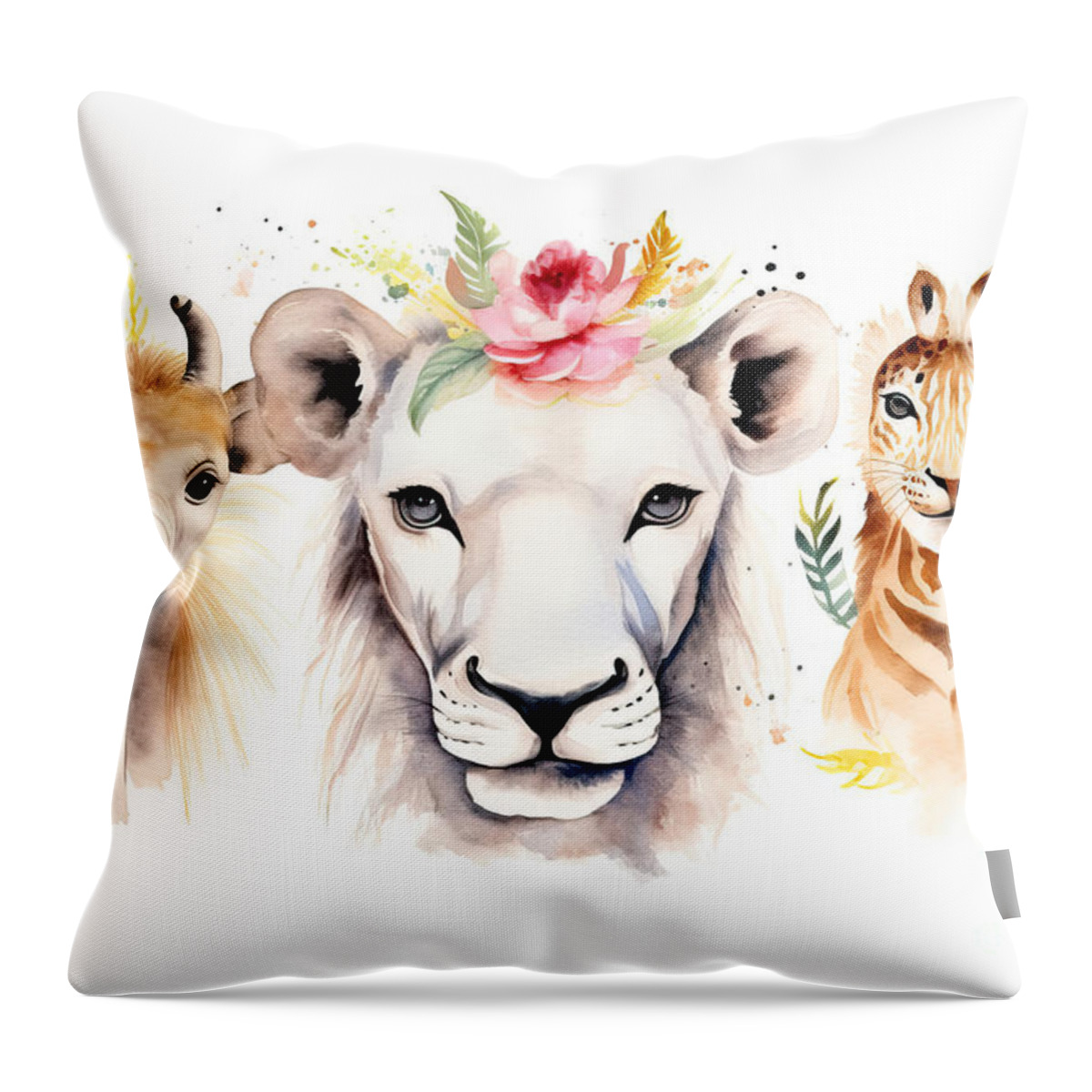 Zebra Throw Pillow featuring the painting Africa Watercolor Savanna Zebra Ostrich And Lion Animal African by N Akkash