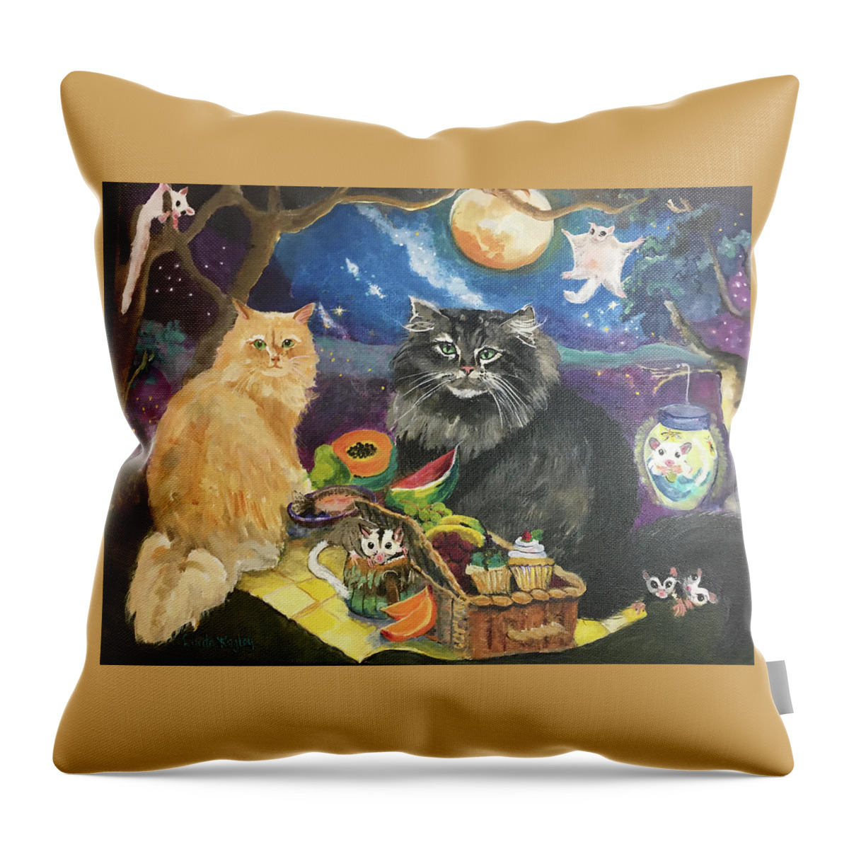 Cats Throw Pillow featuring the painting After Midnight by Linda Kegley