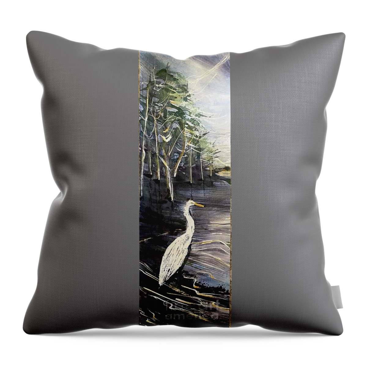 Louisiana Landscape Heron Throw Pillow featuring the painting After the rain bird by Francelle Theriot