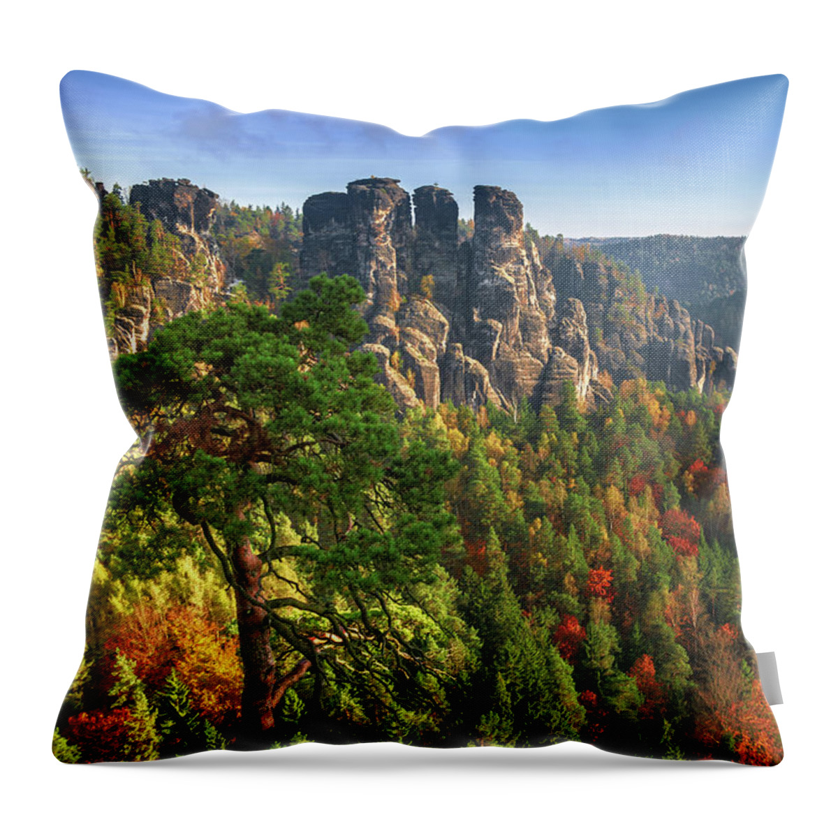 Saxon Switzerland Throw Pillow featuring the photograph After sunrise on the Bastei rocks by Sun Travels