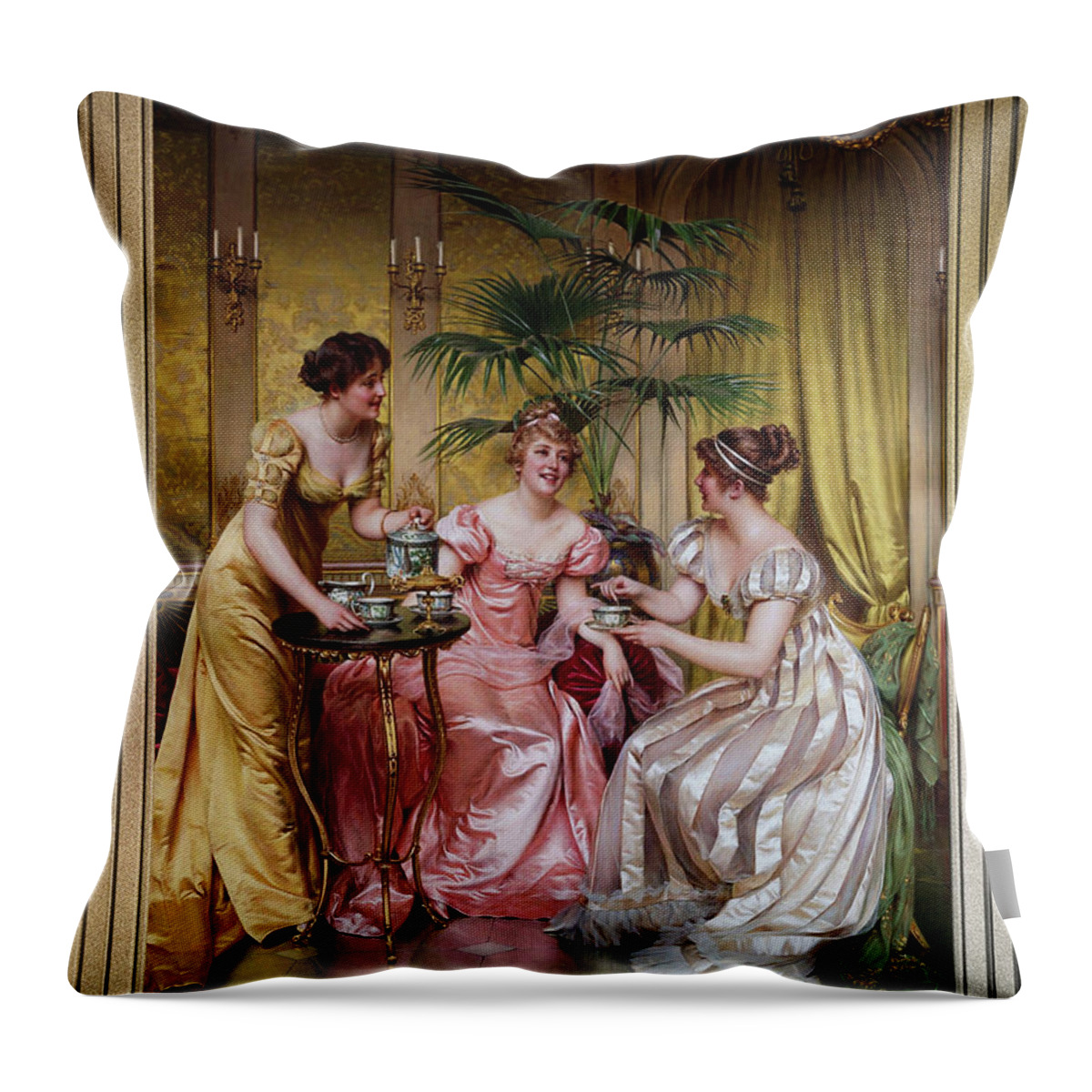 Afternoon Tea Throw Pillow featuring the painting Afternoon Tea by Frederic Soulacroix by Rolando Burbon