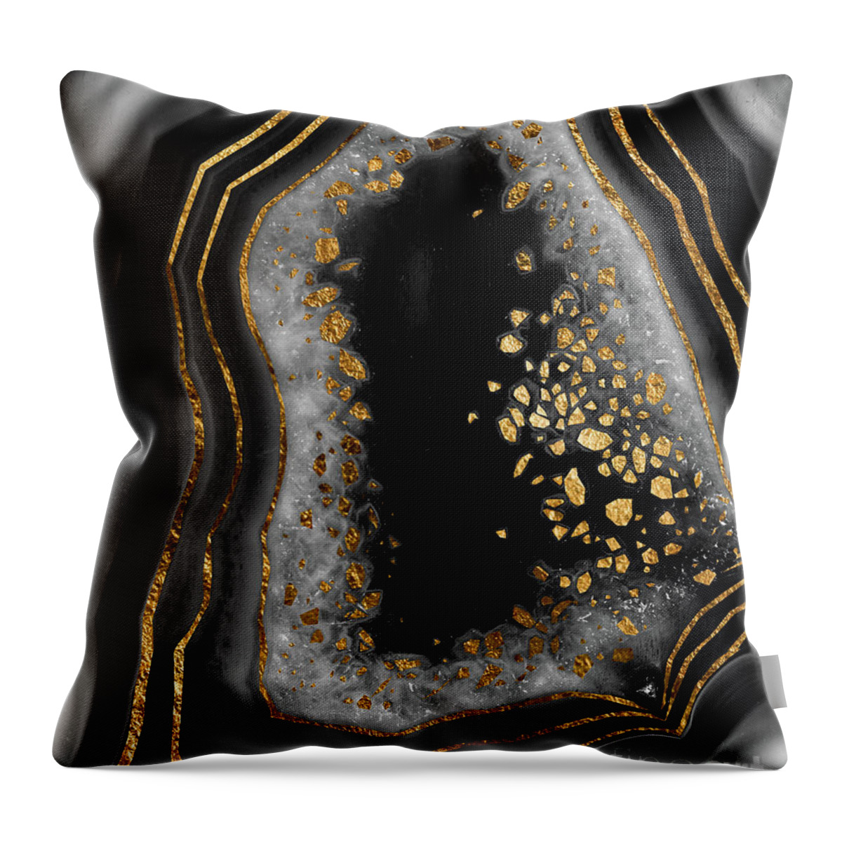 Black-and-white Throw Pillow featuring the mixed media Agate Copper Gold Glam Night #1 #gem #decor #art by Anitas and Bellas Art