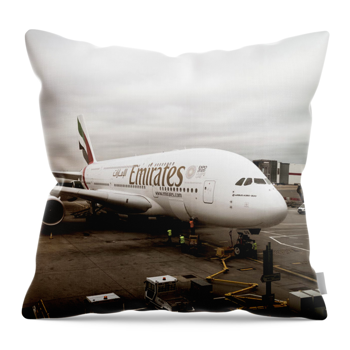 #flying Throw Pillow featuring the photograph Aircraft Emirates by Angela Carrion Photography