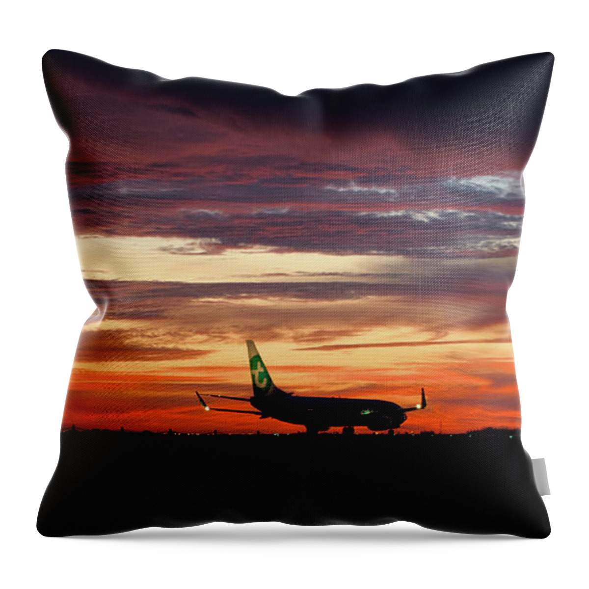 Airplane Departure Throw Pillow featuring the photograph Airplane Departure at Dusk by Angelo DeVal