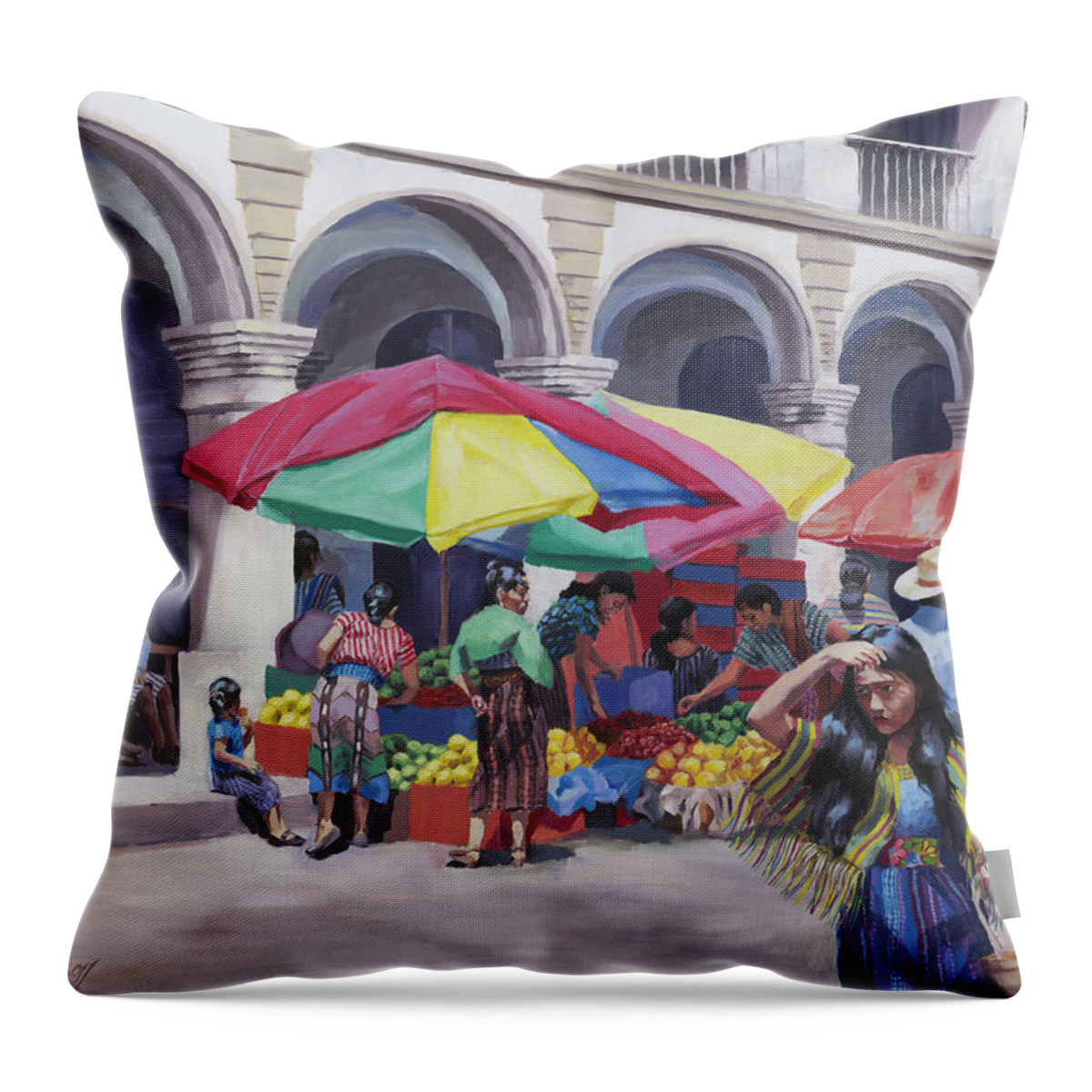 Market Throw Pillow featuring the painting Aititlan Market by Jordan Henderson