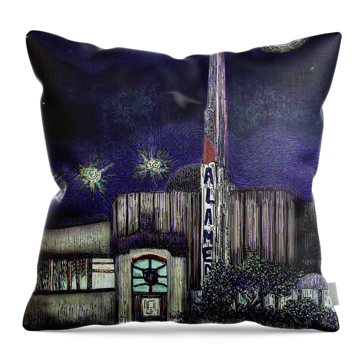 Alameda Throw Pillow featuring the digital art Alameda Theater at Night by Angela Weddle