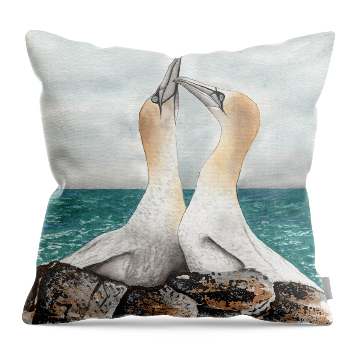 Albatross Watercolor Throw Pillow featuring the painting Albatross' Kissing by Bob Labno