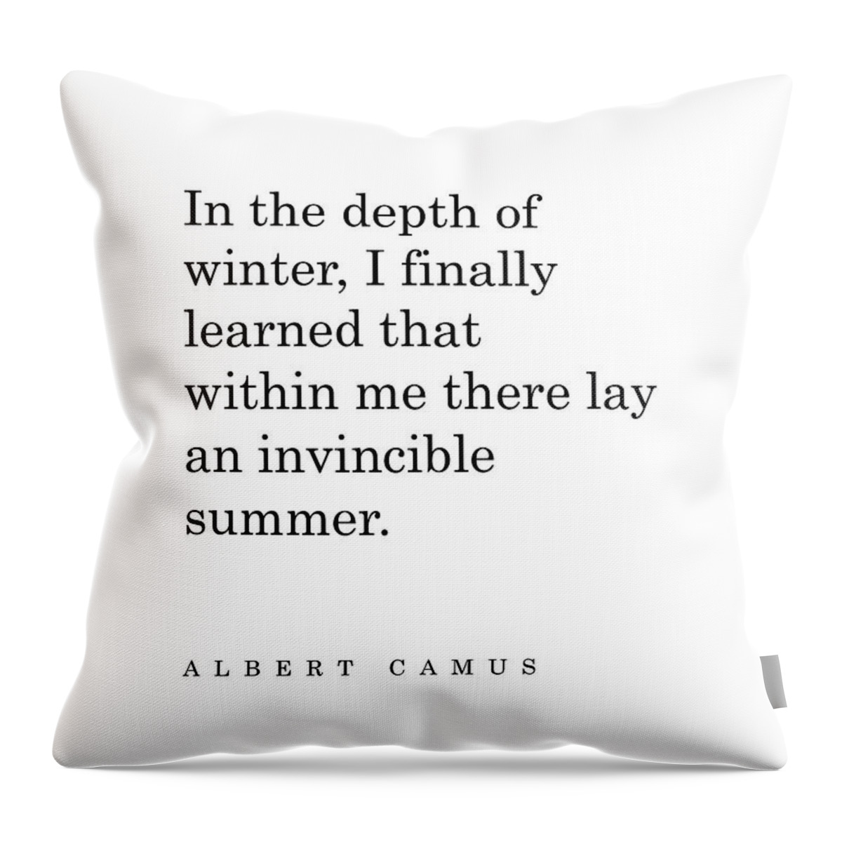 Albert Camus Throw Pillow featuring the digital art Albert Camus Quote - Invincible Summer - Typography - Minimalist, Inspiring Literary Quote by Studio Grafiikka