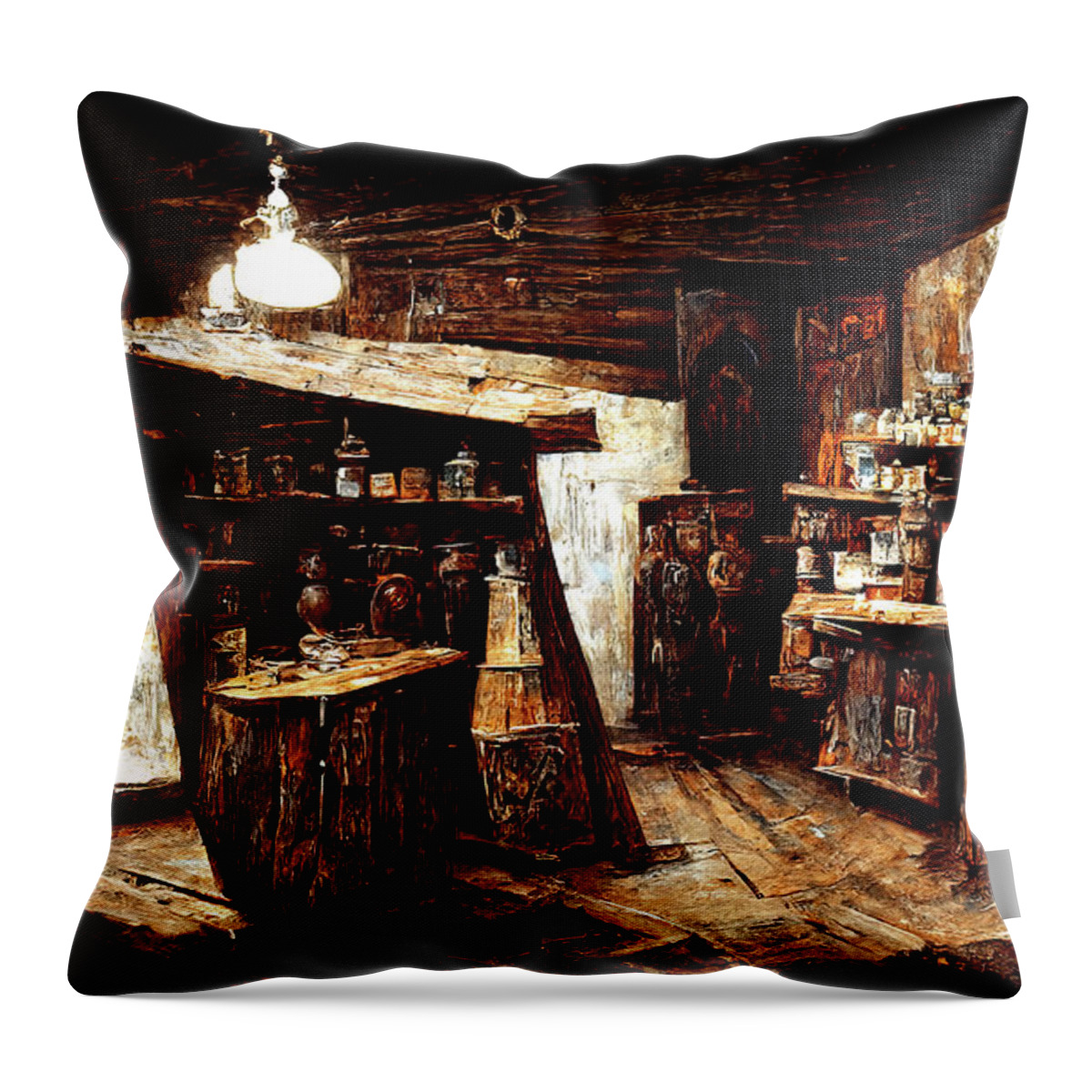 Alchemy Throw Pillow featuring the painting Alchemy Shop, 01 by AM FineArtPrints