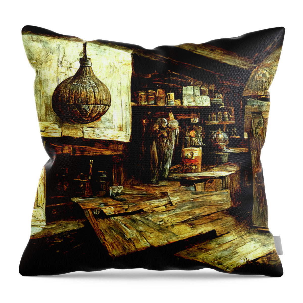Alchemy Throw Pillow featuring the painting Alchemy Shop, 05 by AM FineArtPrints