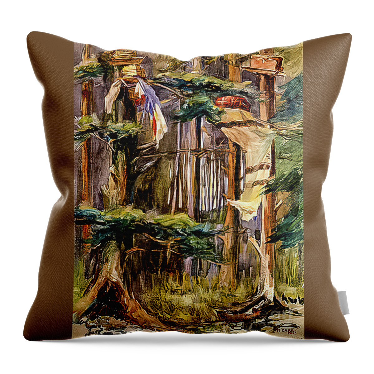Alert Bay Throw Pillow featuring the painting Alert Bay Mortuary Boxes by Emily Carr 1908 by Emily Carr