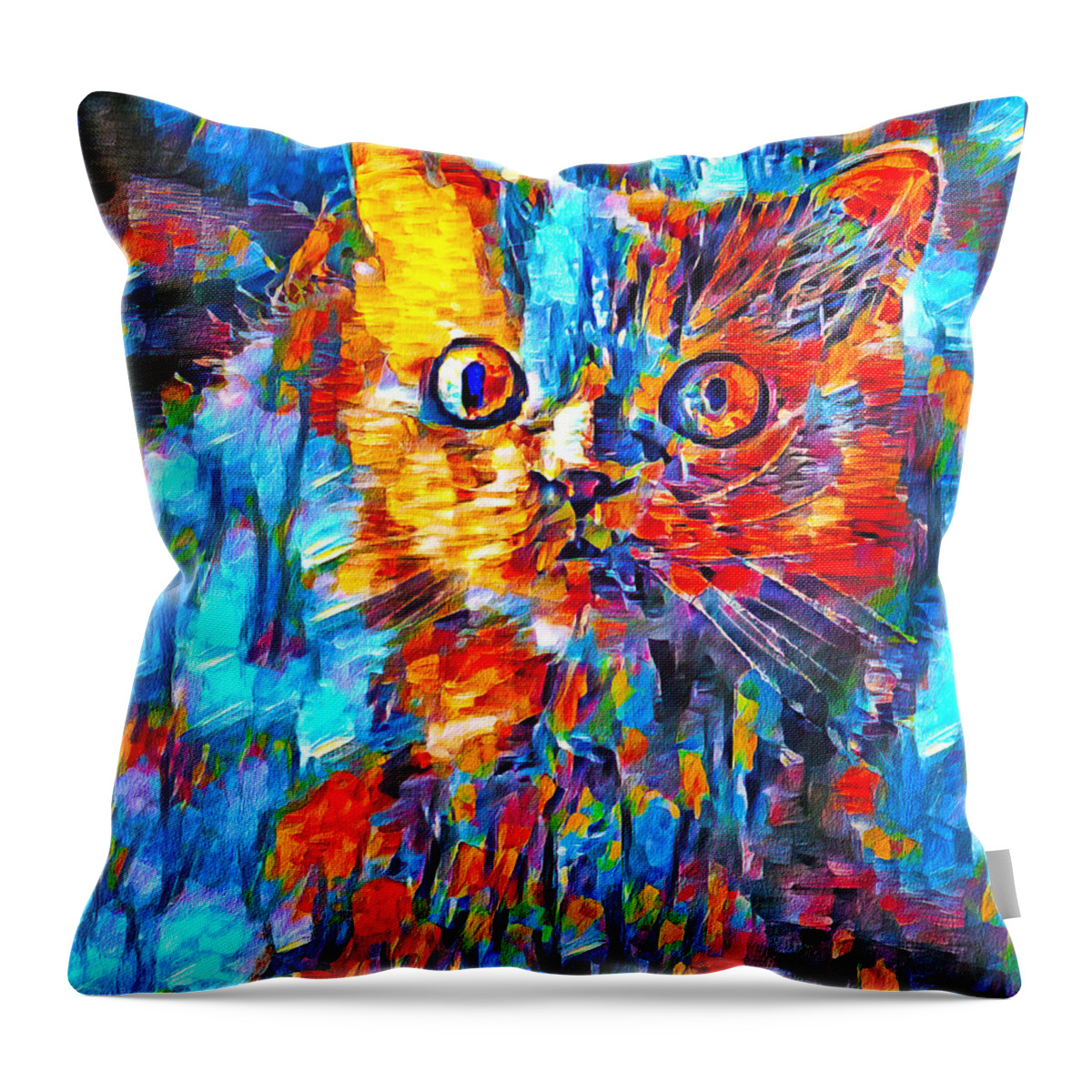 Persian Cat Throw Pillow featuring the digital art Alert colorful Persian cat abstract painting by Nicko Prints
