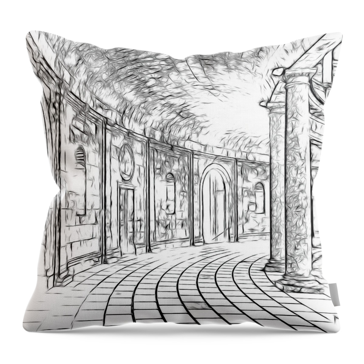 Alhambra Throw Pillow featuring the drawing Alhambra Palace Corridor by Rebecca Herranen