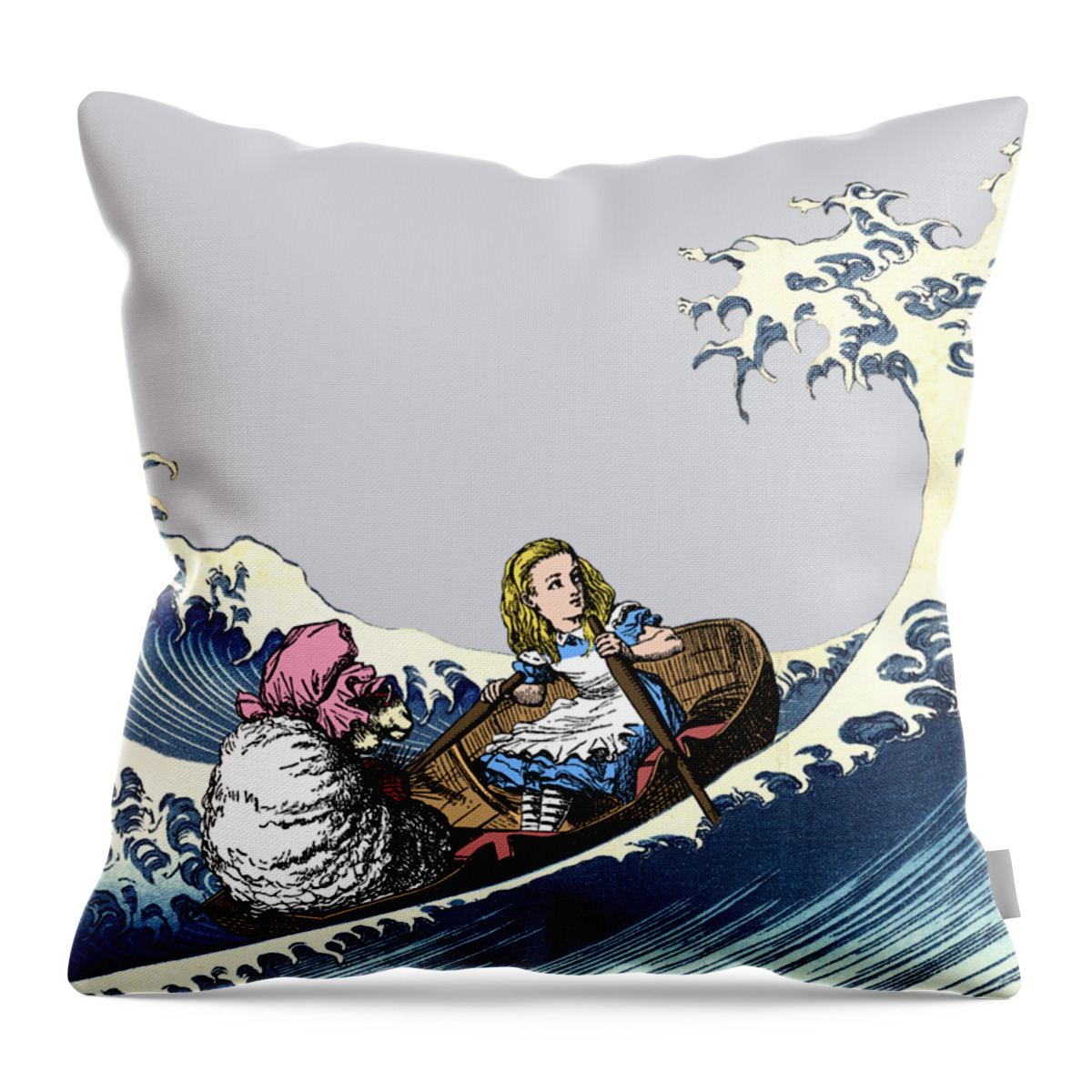 Alice In Wonderland Throw Pillow featuring the mixed media Alice and the great wave off Kanagawa by Madame Memento
