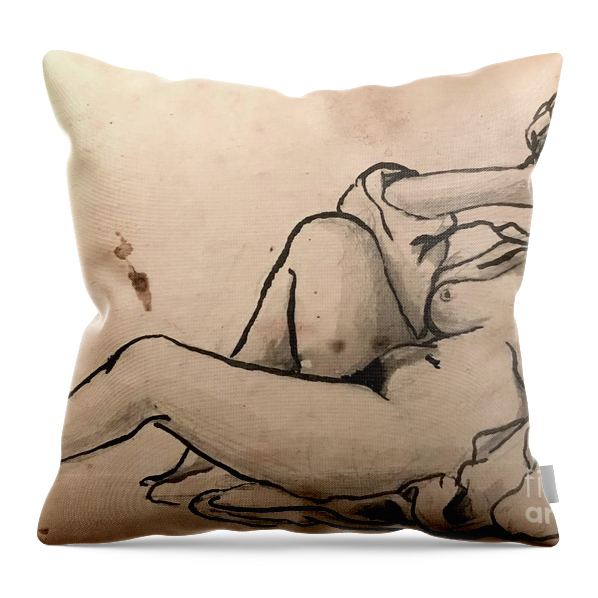 Sumi Ink Throw Pillow featuring the drawing Alice Reclined by M Bellavia