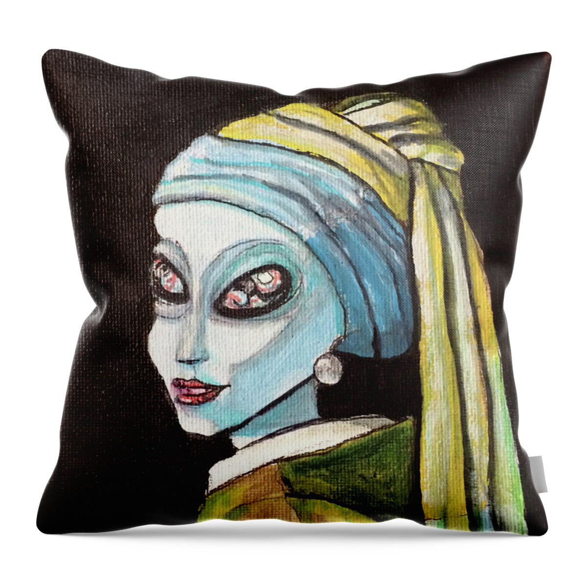 Alien Throw Pillow featuring the painting alien Girl with a Pearl Earring by Similar Alien