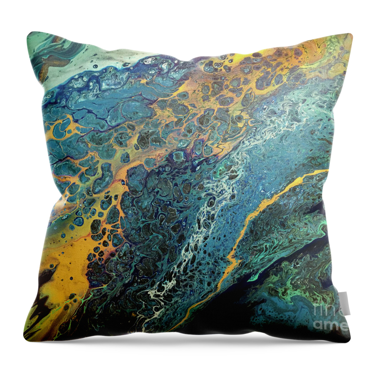 Poured Acrylic Throw Pillow featuring the painting Alien Lands by Lucy Arnold