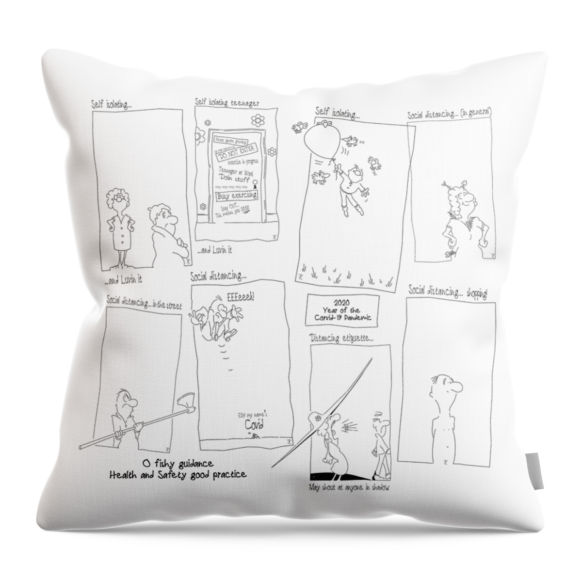 Pandemic Throw Pillow featuring the drawing All eight of the OFishy PANDEMIC guidelines by Paul Davenport