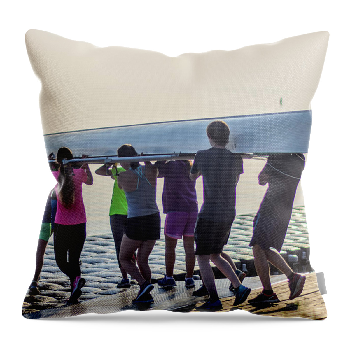 Putting The Canoe In The Water On Lake Simcoe Throw Pillow featuring the photograph All Together Now by James Canning