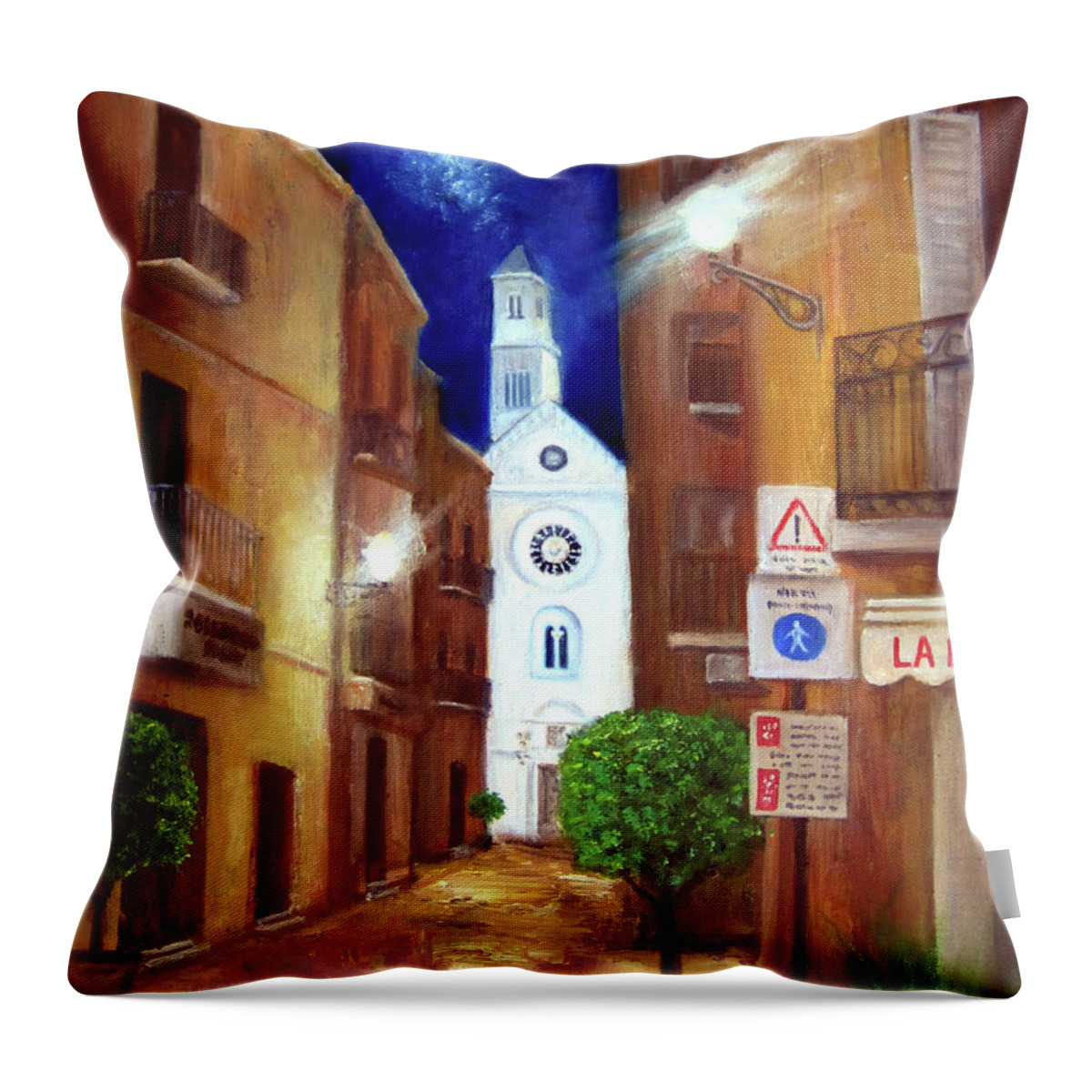 Bari Throw Pillow featuring the painting Alley to Church, Bari Italy by Leonardo Ruggieri