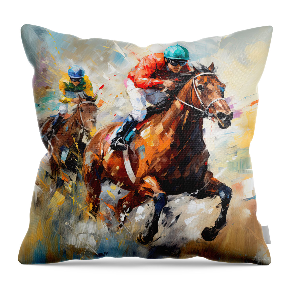 Horse Racing Throw Pillow featuring the digital art Almost There - Oaklawn Horse Racing by Lourry Legarde
