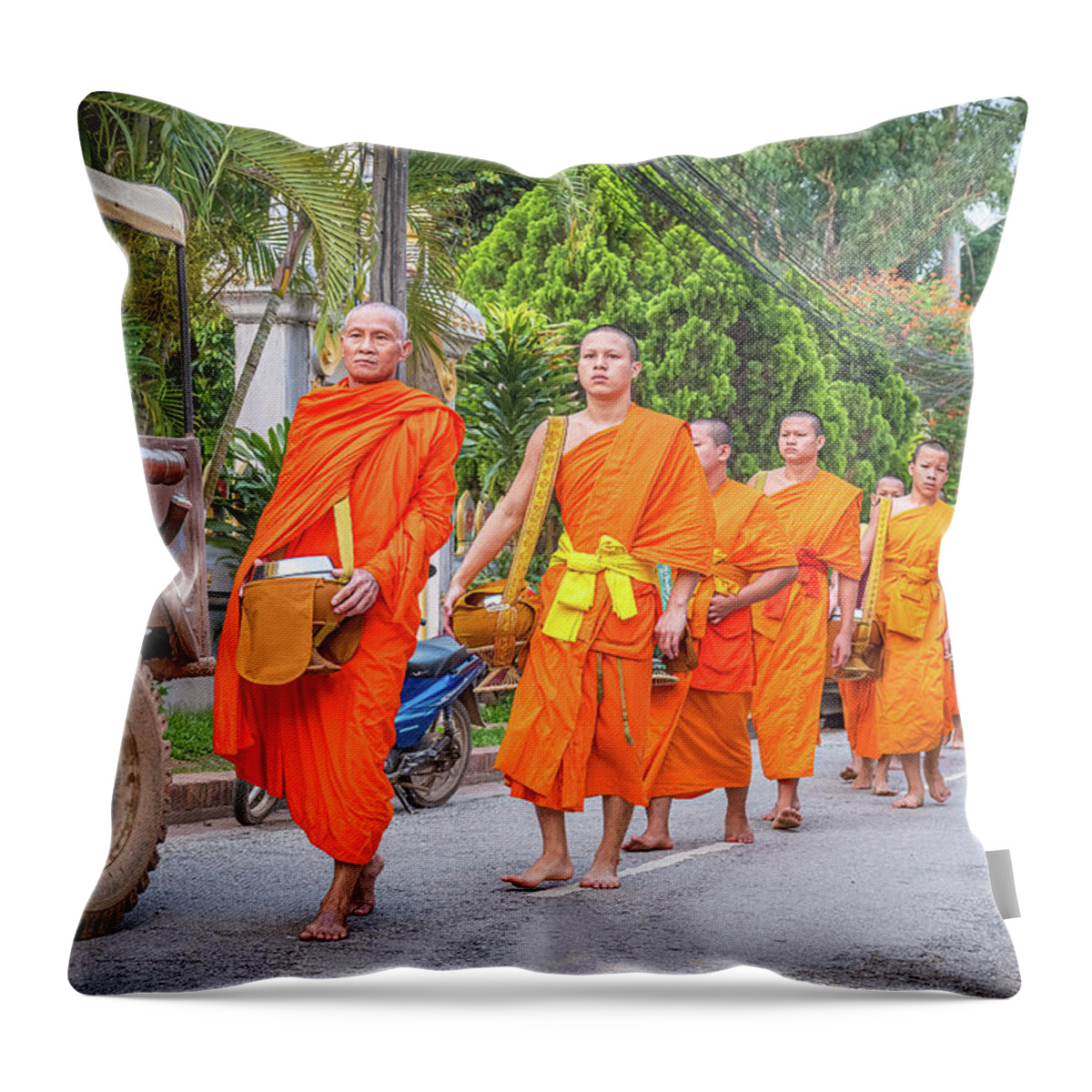 Laos Photography Throw Pillow featuring the photograph Alms Giving Walk by Marla Brown