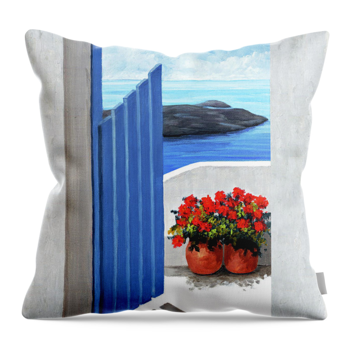Santorini Throw Pillow featuring the painting ALONG THE WAY prints of oil painting by Mary Grden