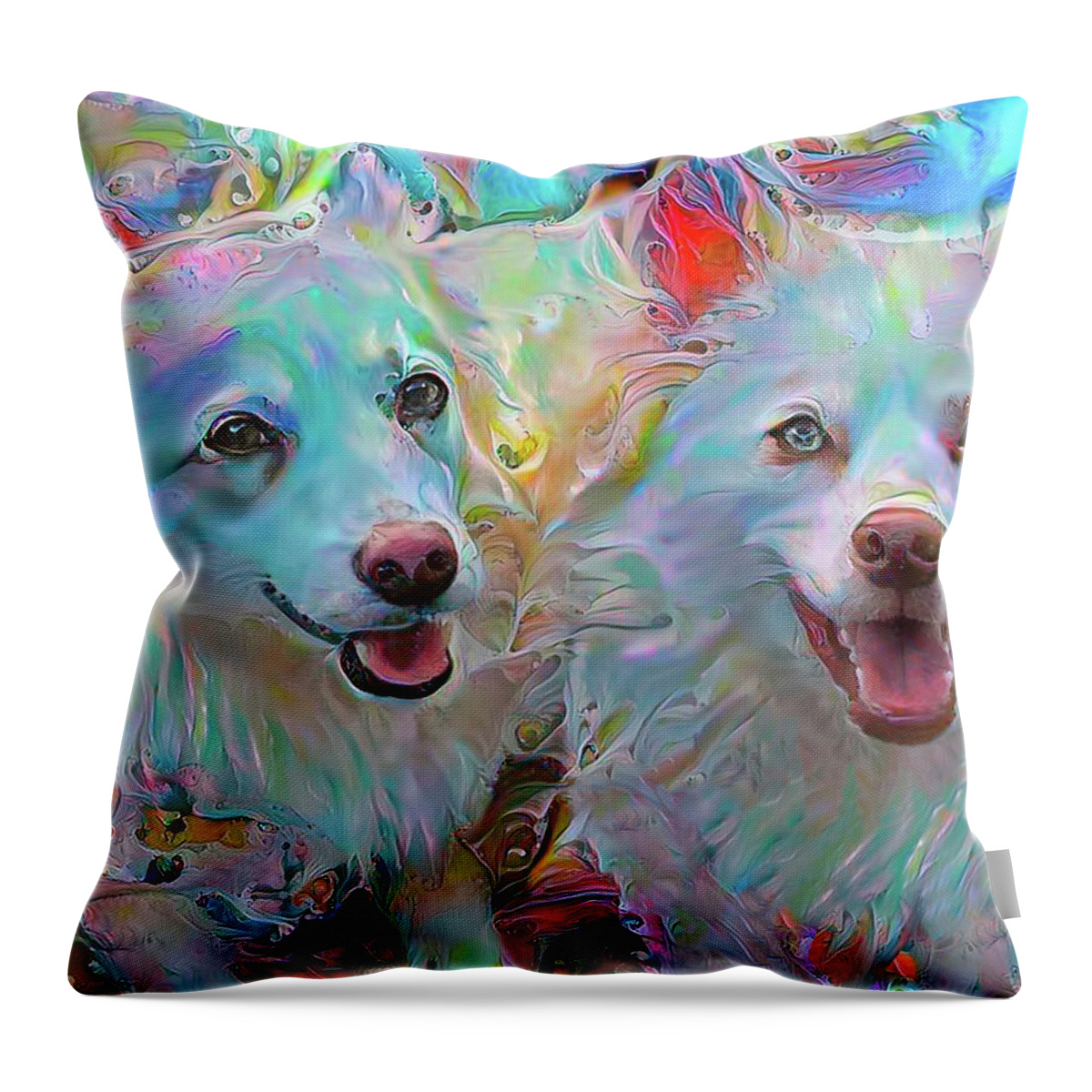 Eskimo Dogs Throw Pillow featuring the mixed media American Eskimo Dogs - Koki and Bizzy by Peggy Collins