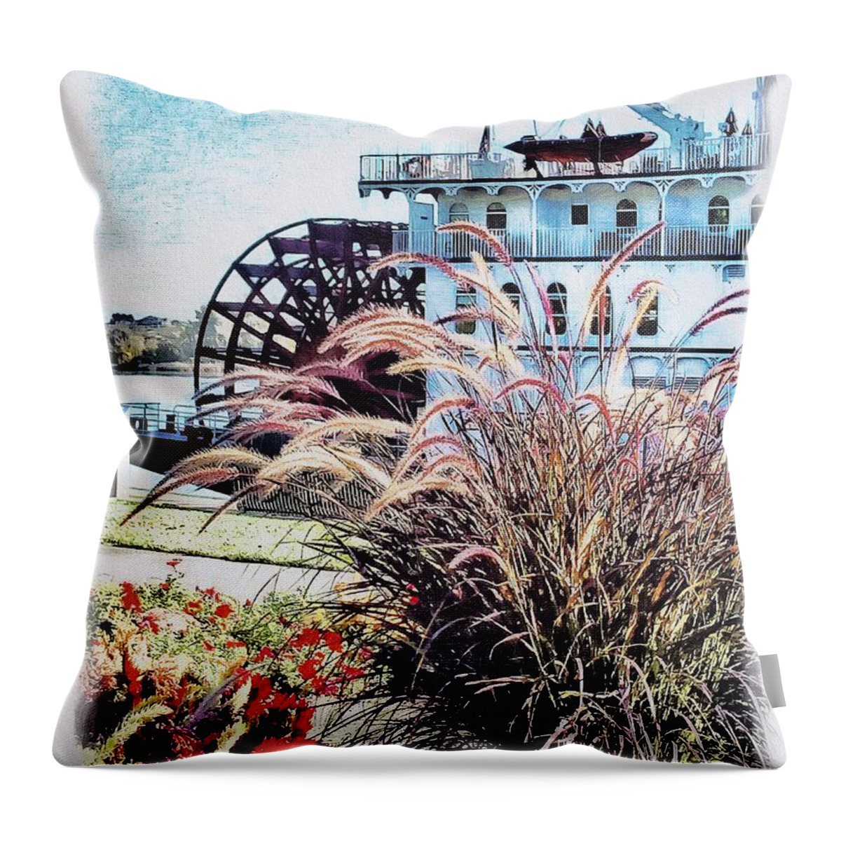 Paddleboat Sky Blue Water Wheel Brown Horsetails Beige Plant Lifeboat Cabins Deck White Sketch Red Flowers Black Throw Pillow featuring the digital art American Express Paddleboat 2015 by Kathleen Boyles