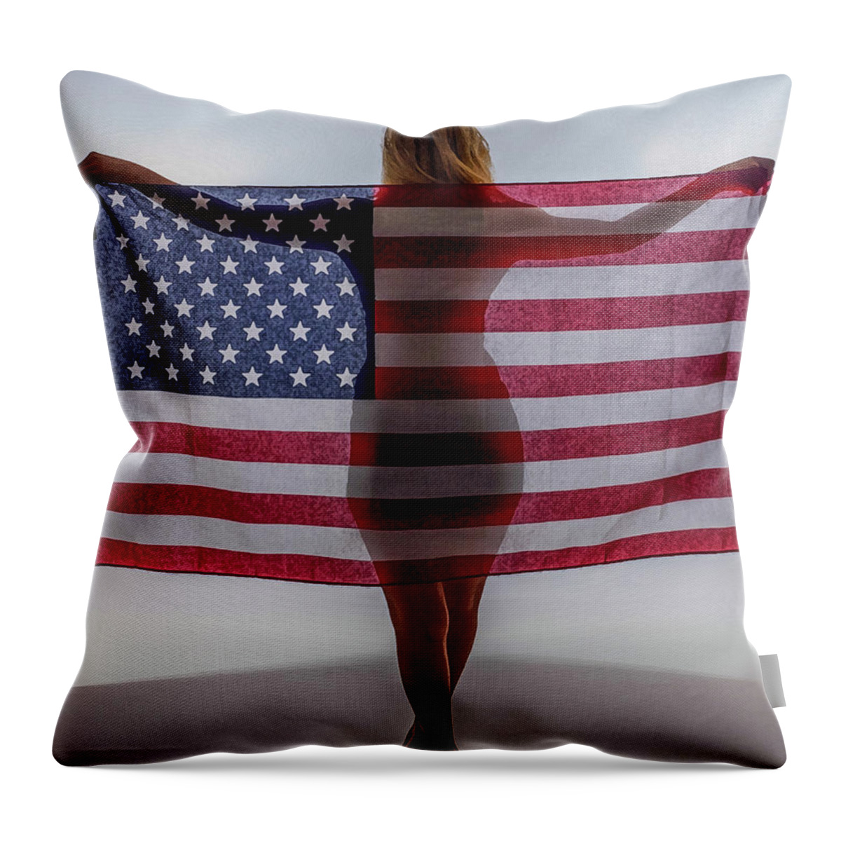 Flag Throw Pillow featuring the photograph American Flag and Girl by James C Richardson