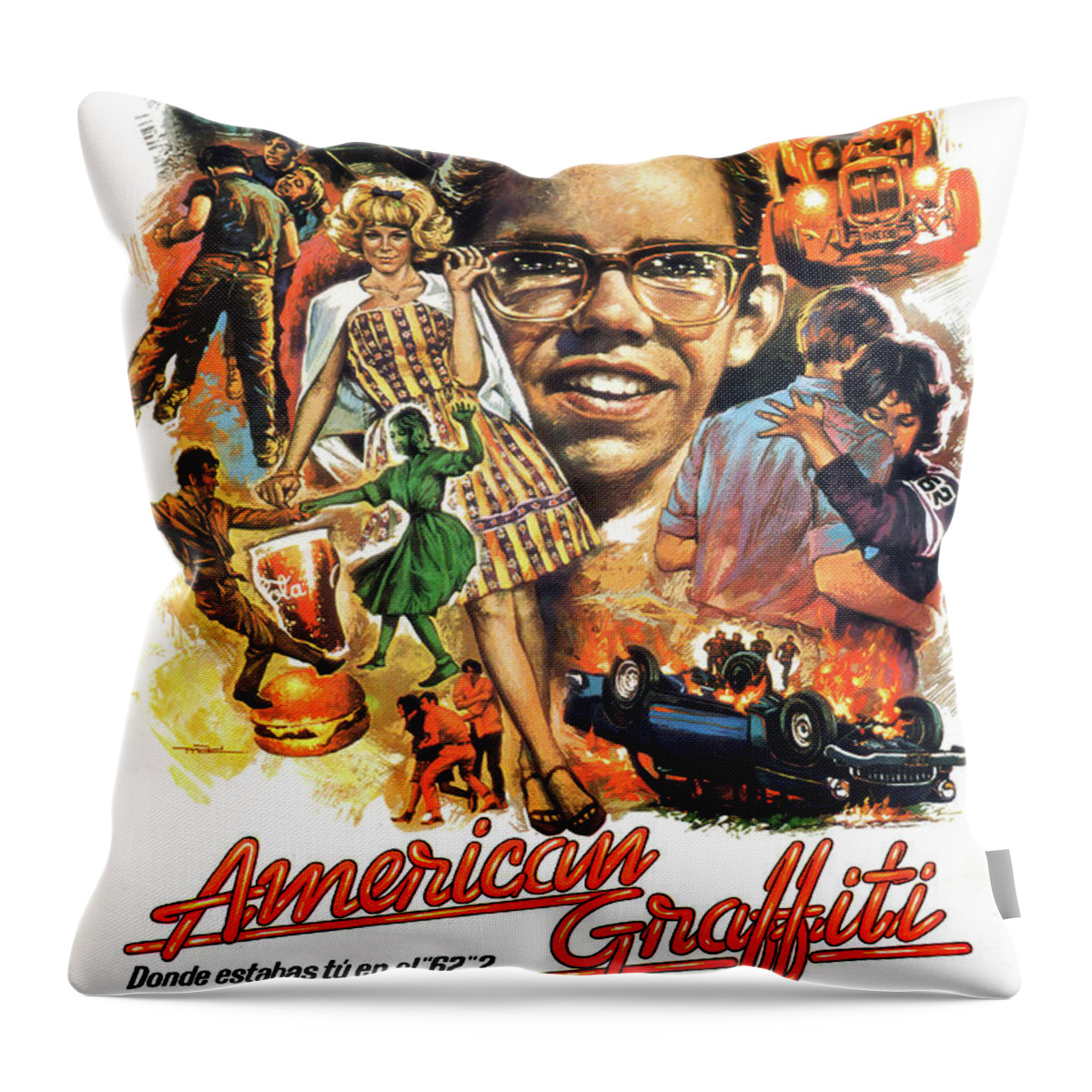 Quibus Throw Pillow featuring the mixed media ''American Graffiti'', 1973 - art by Macario Quibus by Movie World Posters