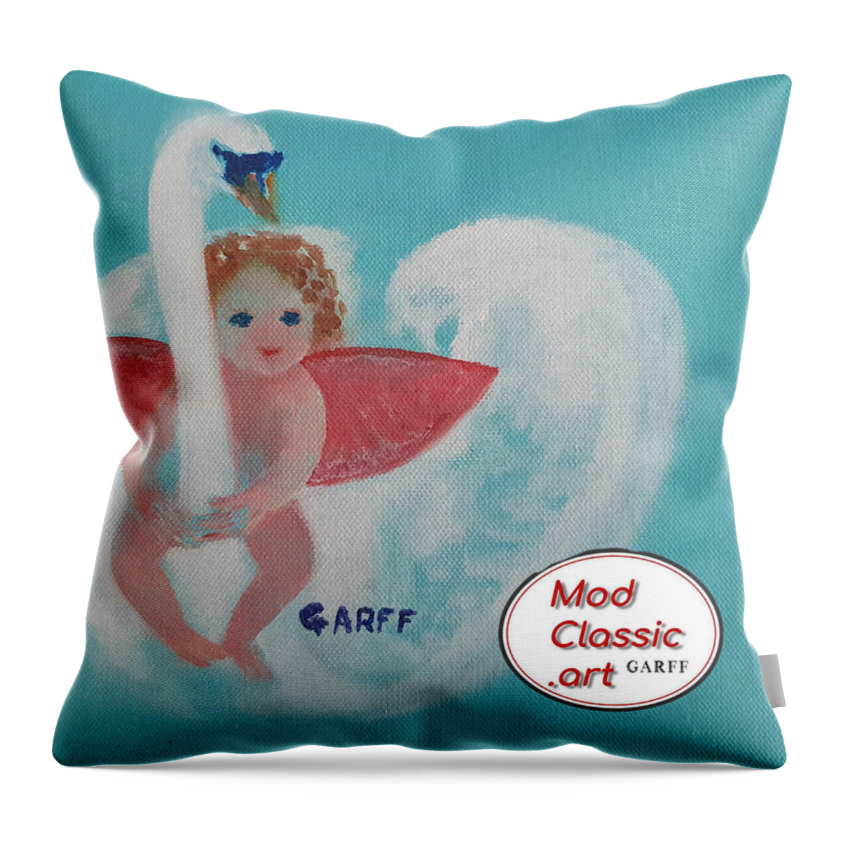 Cupid Throw Pillow featuring the painting Amorino with Swan ModClassic Art by Enrico Garff