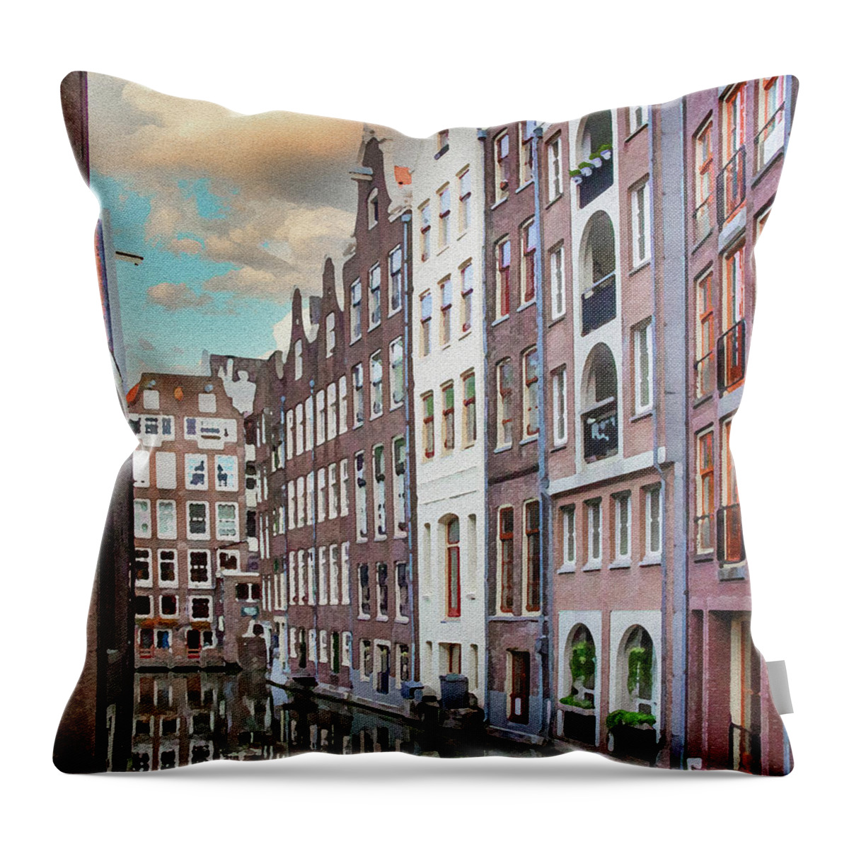 Amsterdam Throw Pillow featuring the digital art Amsterdam Canal Reflection Dry Brush on Sandstone by Ron Long Ltd Photography
