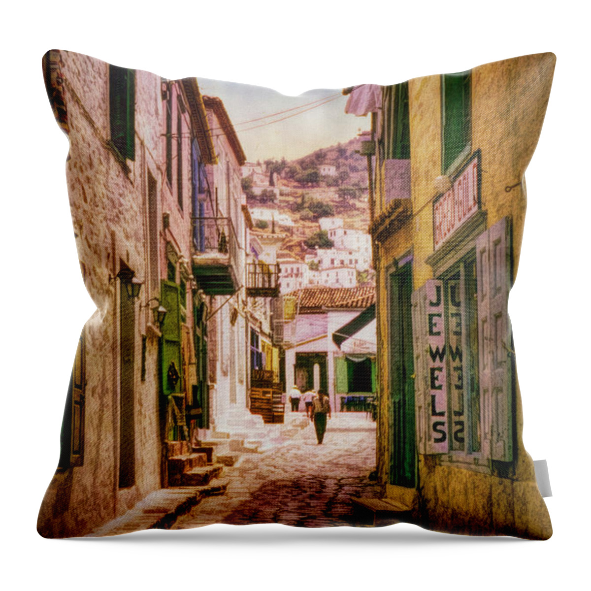 Crete Throw Pillow featuring the digital art An alley in Crete by Frank Lee