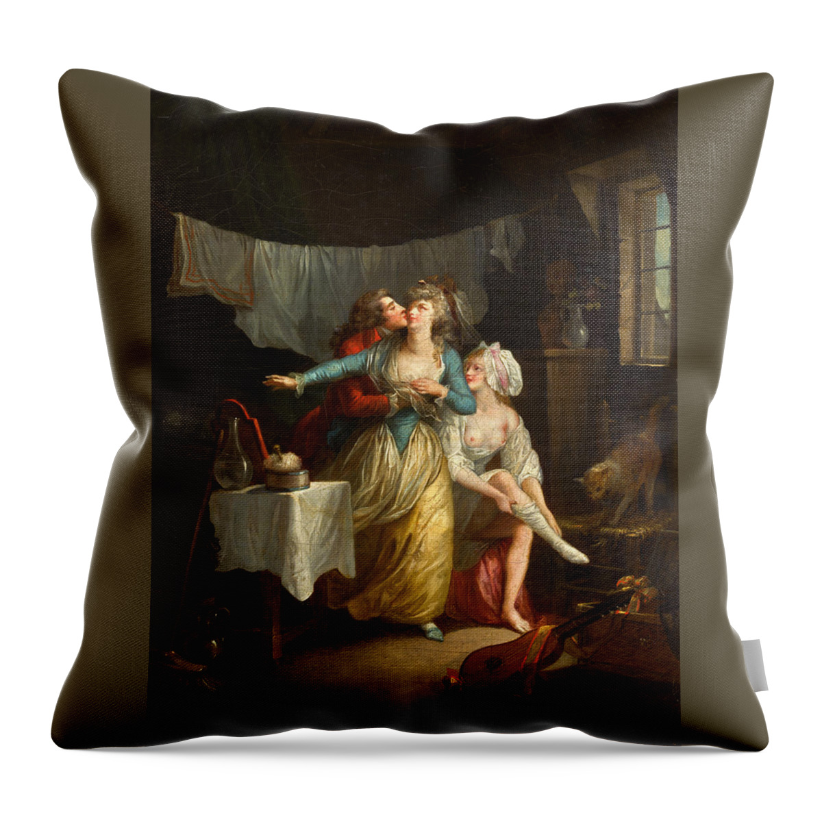 Jean-frederic Schall Throw Pillow featuring the painting An amorous advance in an interior by Jean-Frederic Schall