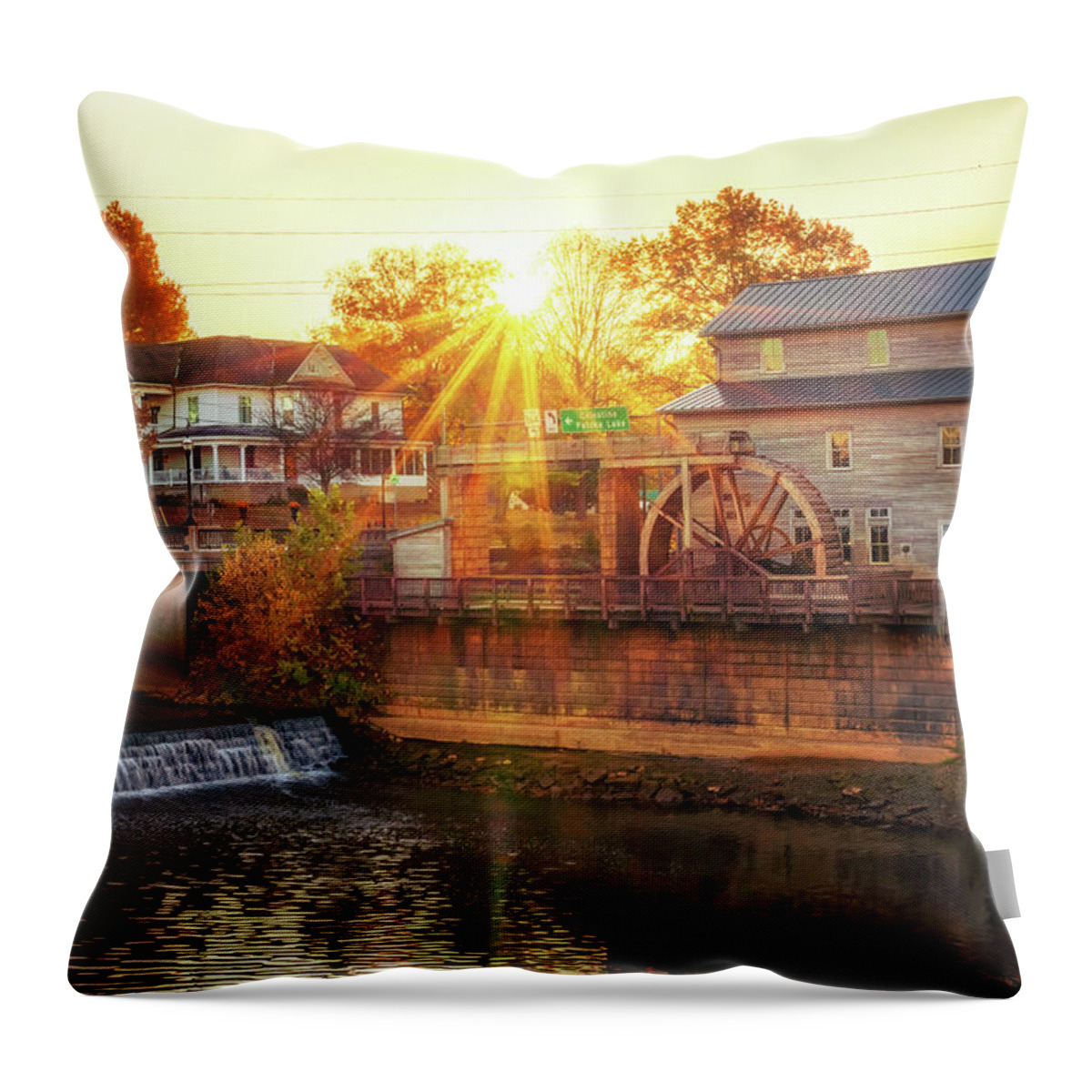 Jasper City Mill Throw Pillow featuring the photograph An Autumn Morning at the Jasper City Mill by Susan Rissi Tregoning