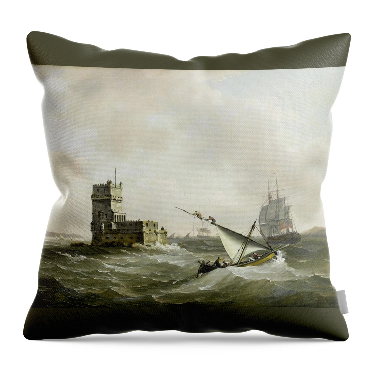 Frigate Throw Pillow featuring the painting An English frigate in choppy waters in the Tagus passing the Belem Tower by John Thomas Serres
