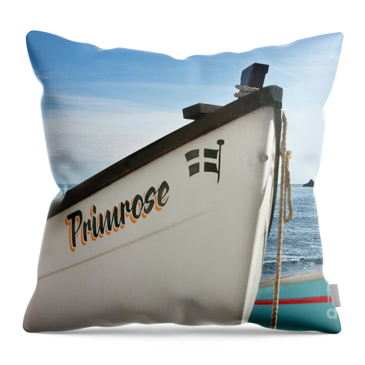 Cape Cornwall Throw Pillow featuring the photograph An Island a Lighthouse and a Boat by Terri Waters
